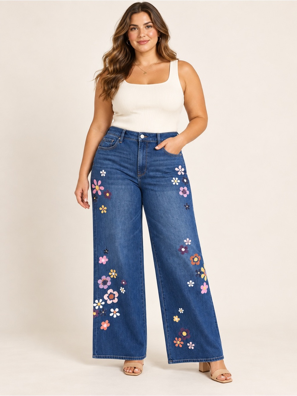 Driftwood Carlie Floral Embroidered Wide Leg Jeans Size 14